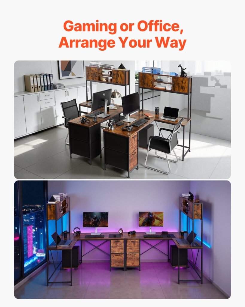 62-Inch L-Shaped Gaming Desk with LED Lights & Power Outlets