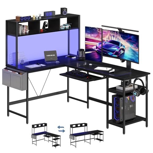 67-Inch L-Shaped Gaming Desk with LED Lights & Keyboard Tray