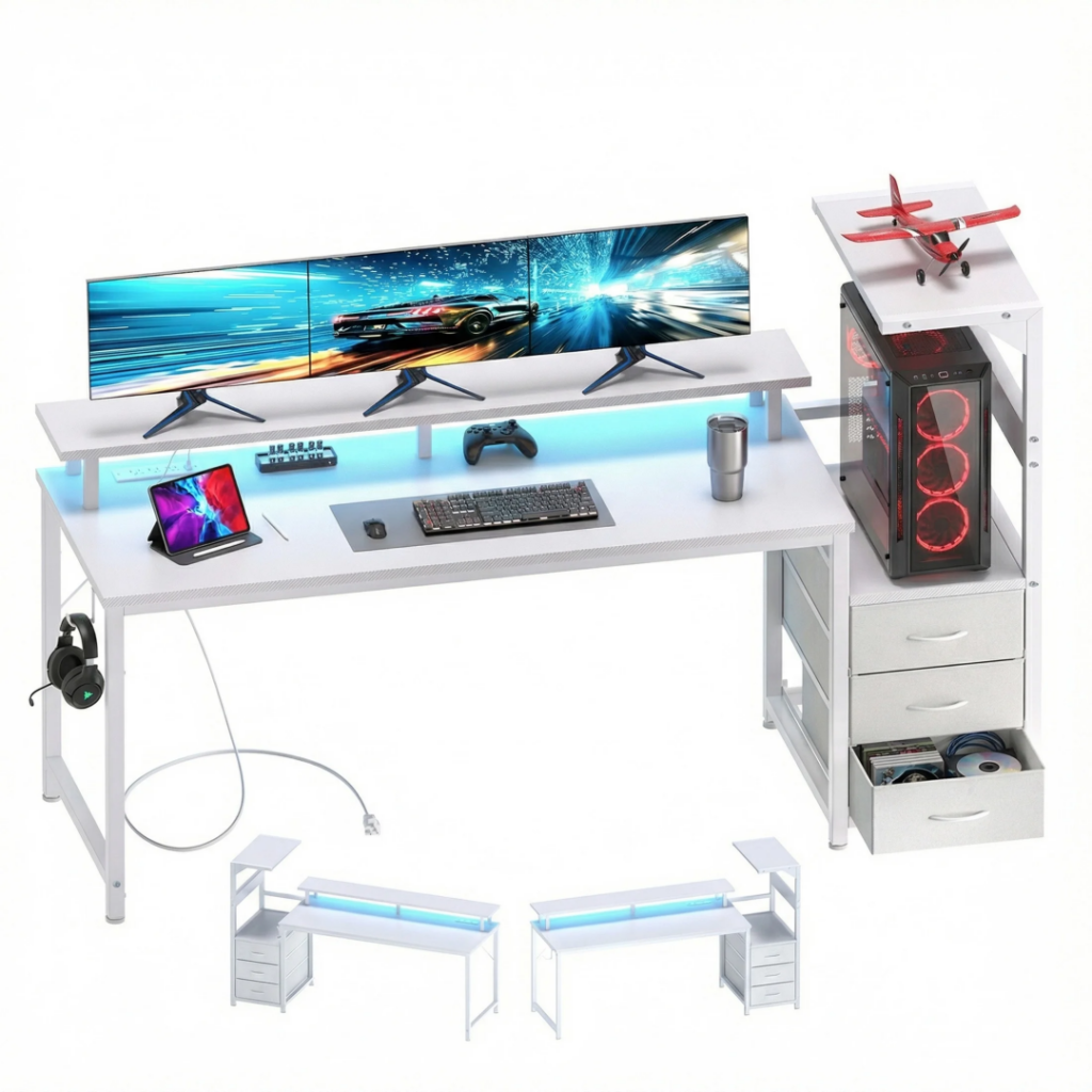 Gaming Desk with Drawers, USB Ports & LED Lights (52 or 59 in)
